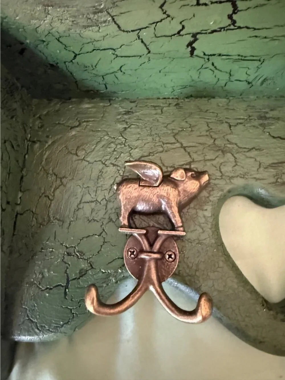 Vintage Green Wall  Shelf Pig Hooks & Heart Cutout Rustic Distressed